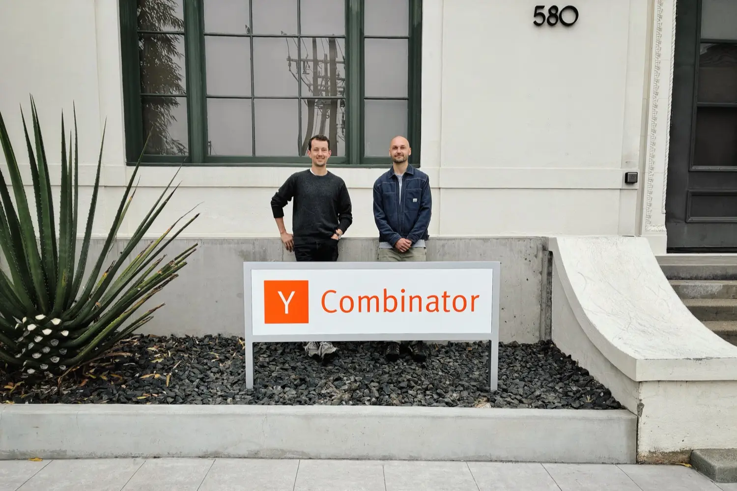 Lewis Blackwood and Merlin Kafka outside the Y Combinator office in Mountain View