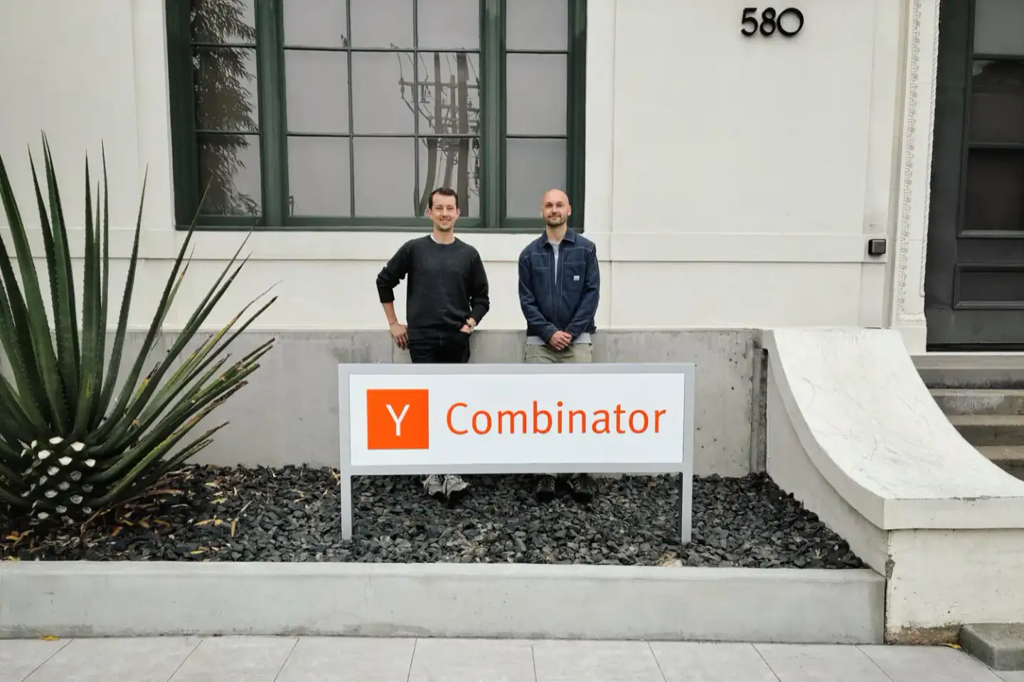 Lewis Blackwood and Merlin Kafka outside the Y Combinator office in Mountain View